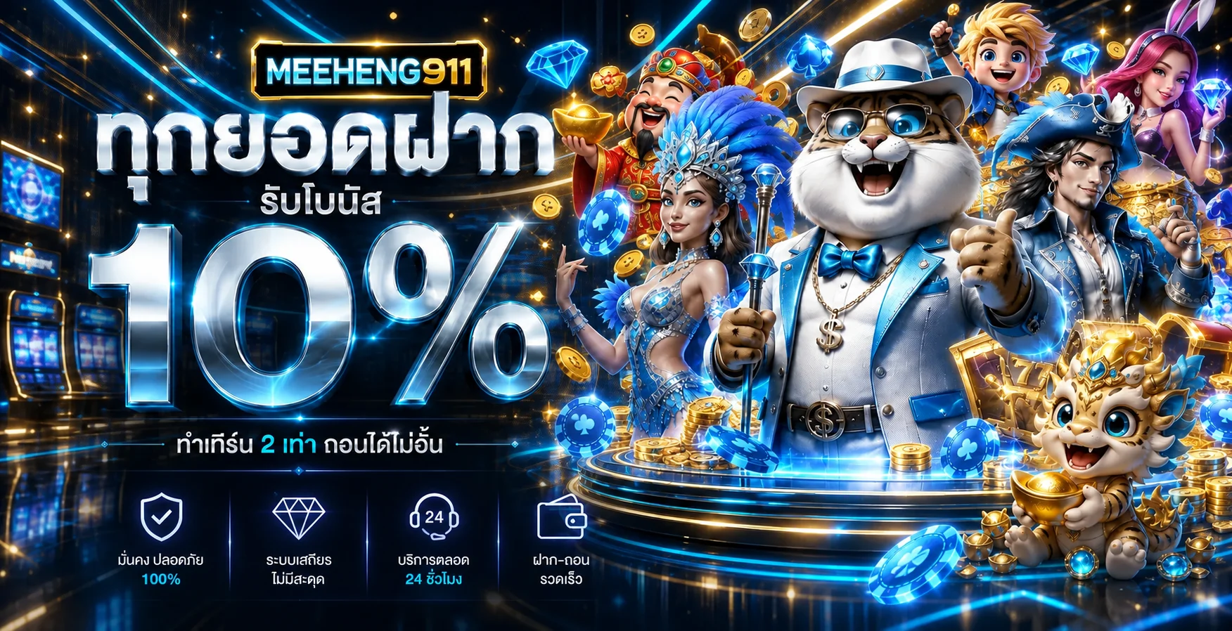 แบนเนอร์สล็อตออนไลน์ Meeheng911 พร้อมตัวละครสไตล์ PG